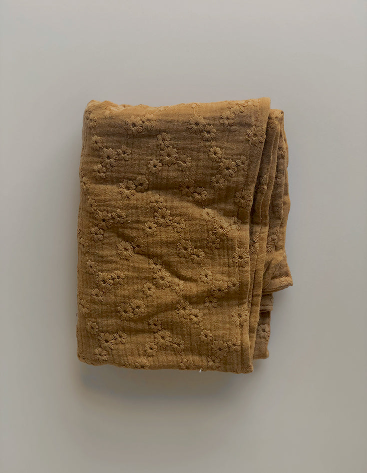 Muslin Baby Quilt Embroidered Flowers Caramel